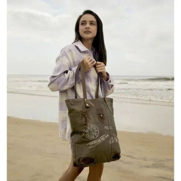 Myra Bag Handmade Time Tote Bag Upcycled Canvas & Cowhide Leather - Picture 9 of 10